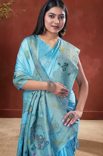 Sky Blue Satin silk blend Saree with Gold Zari Meena Peacock Work 