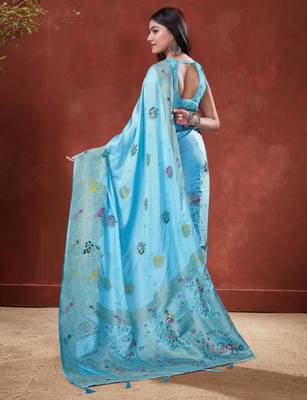 Sky Blue Satin silk blend Saree with Gold Zari Meena Peacock Work  5