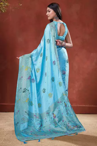 Sky Blue Satin silk blend Saree with Gold Zari Meena Peacock Work 