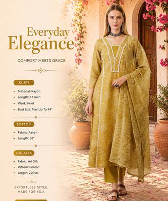 Women's yellow rayon printed straight kurta set with dupatta 2