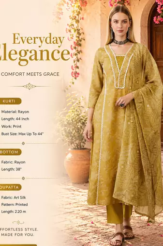 Women's yellow rayon printed straight kurta set with dupatta