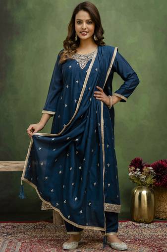 teal fancy silk blend kurta set