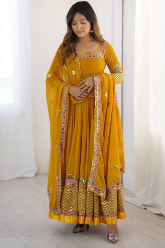 yellow fancy georgette kurta set