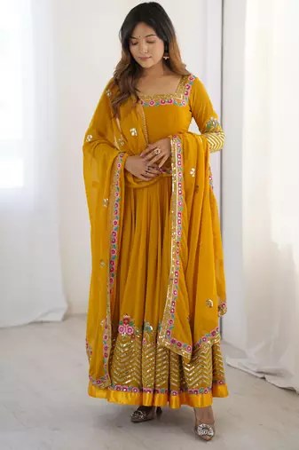 yellow fancy georgette kurta set