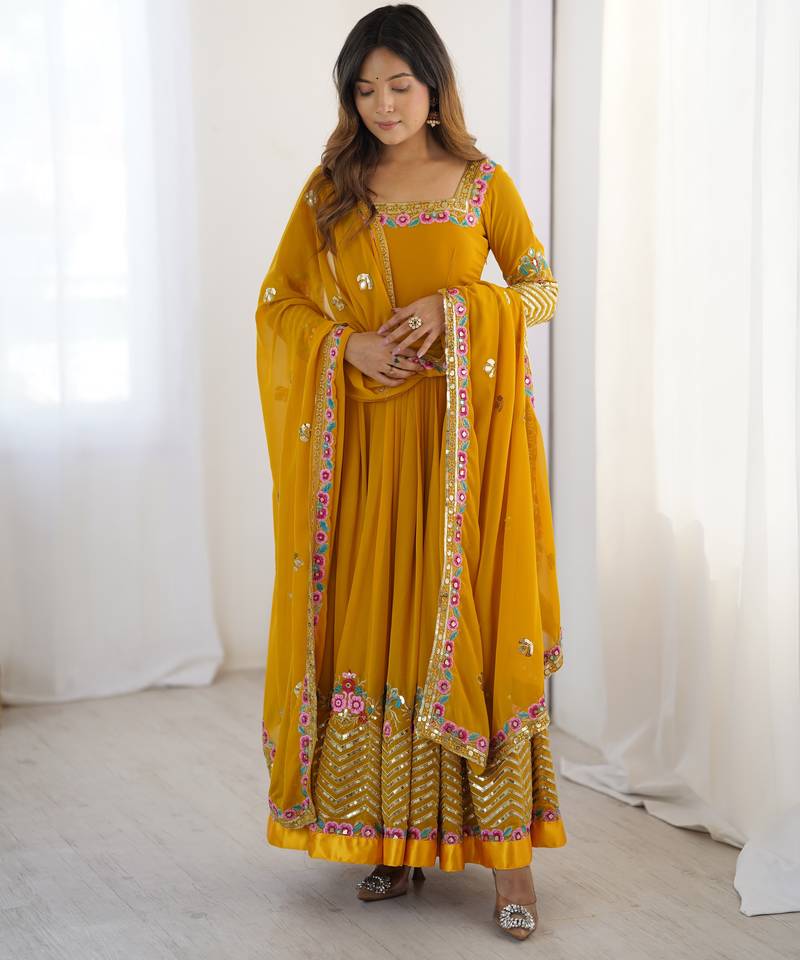 yellow fancy georgette kurta set