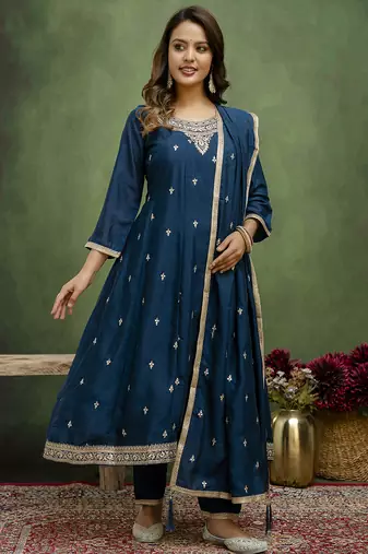teal fancy silk blend kurta set