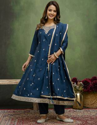 teal fancy silk blend kurta set 3