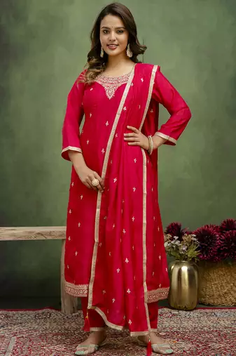rani-pink fancy silk blend kurta set