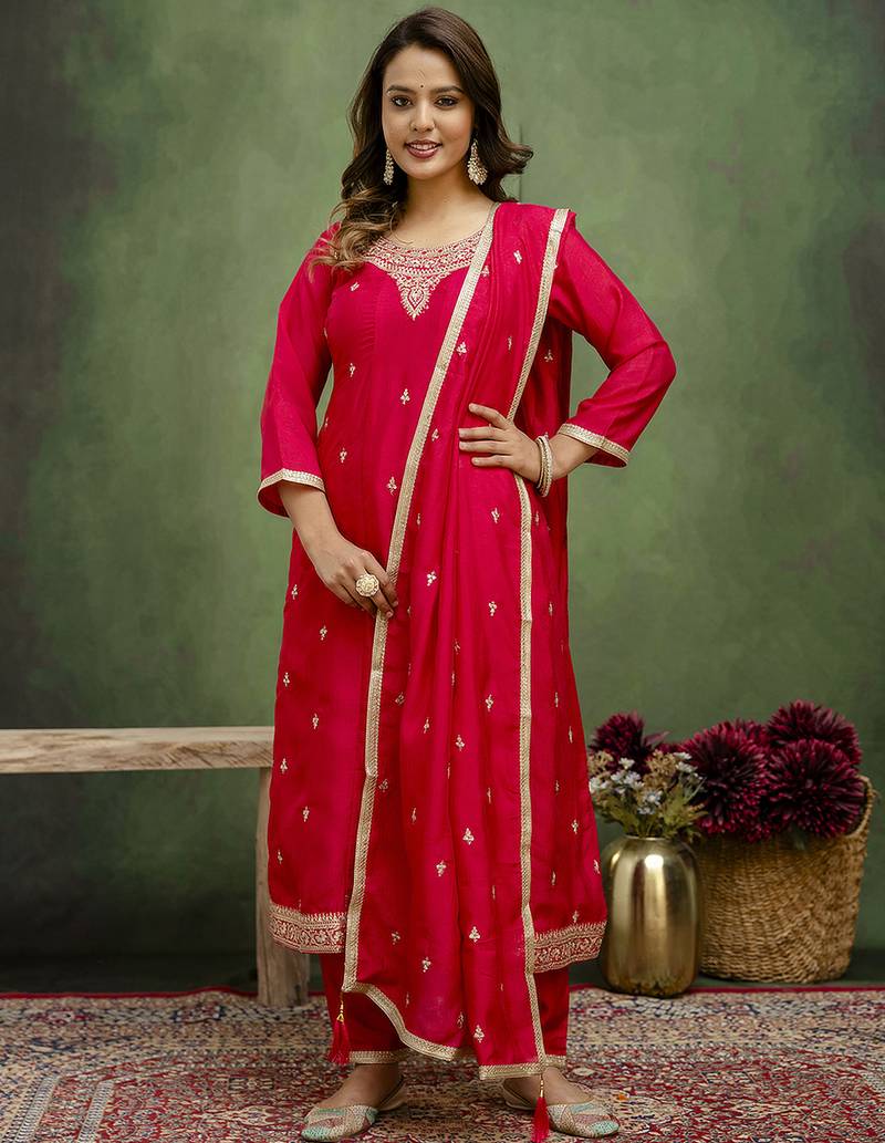 rani-pink fancy silk blend kurta set