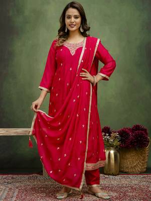rani-pink fancy silk blend kurta set 2