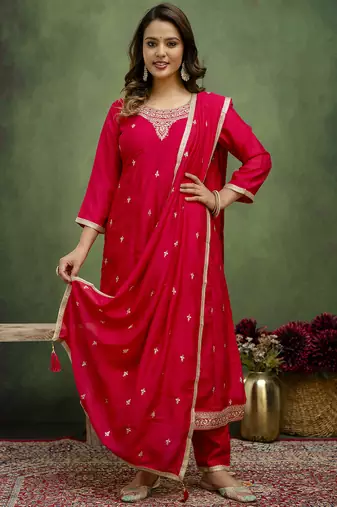 rani-pink fancy silk blend kurta set