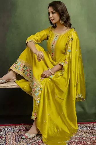 lemon fancy silk blend kurta set