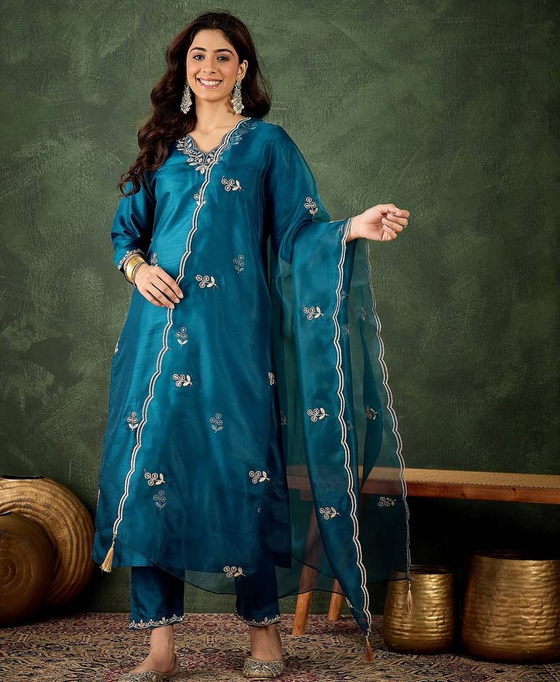 teal fancy silk blend kurta set