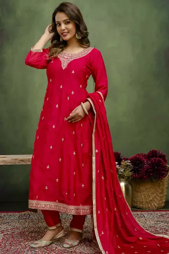 rani-pink fancy silk blend kurta set