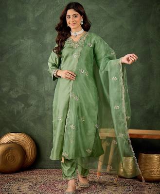 green fancy silk blend kurta set 1