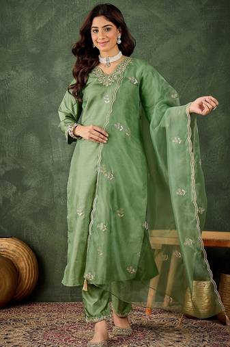 green fancy silk blend kurta set