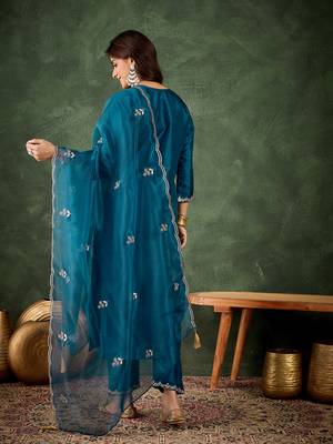 teal fancy silk blend kurta set 4
