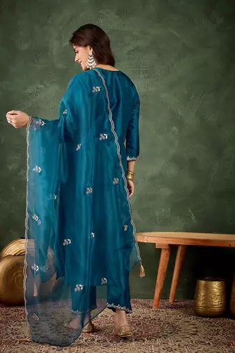 teal fancy silk blend kurta set