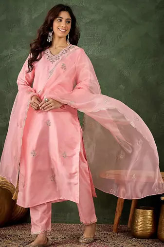 pink fancy silk blend kurta set