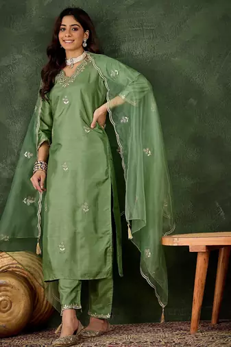 green fancy silk blend kurta set