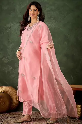 pink fancy silk blend kurta set