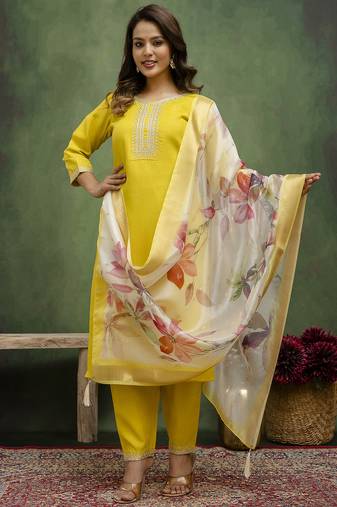 yellow fancy blended cotton kurta set