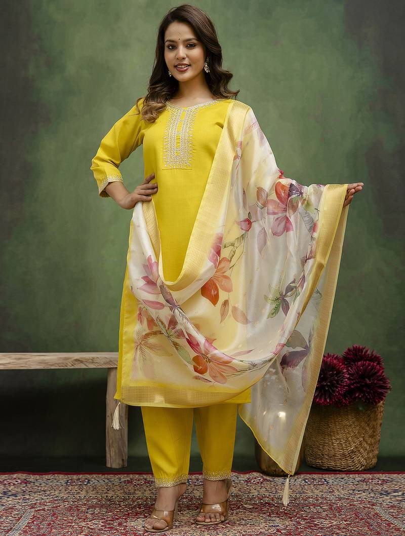 yellow fancy blended cotton kurta set