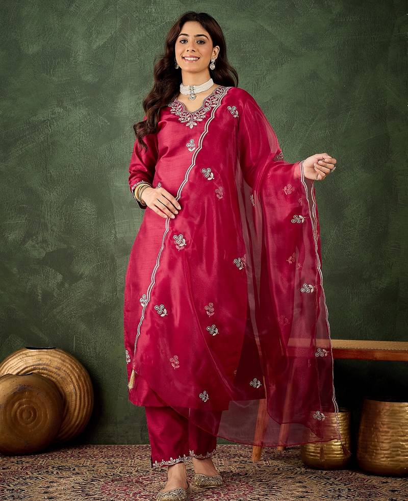 cherry-red fancy silk blend kurta set
