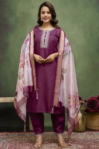 purple fancy blended cotton kurta set