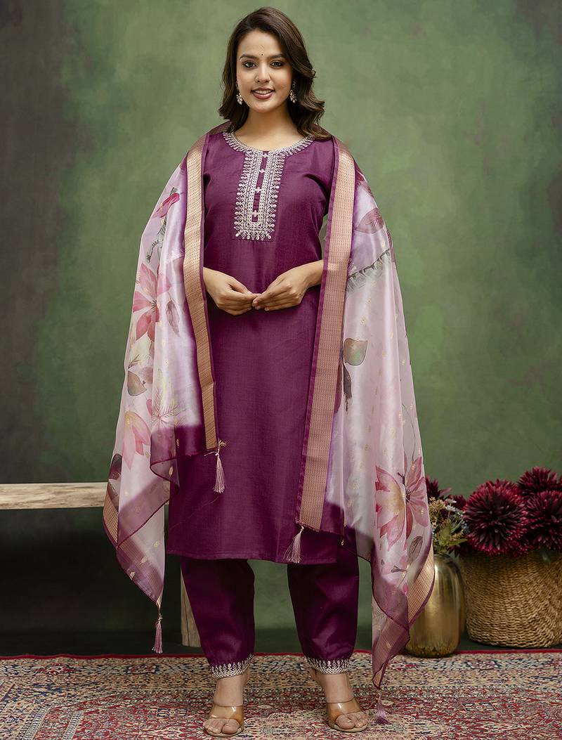 purple fancy blended cotton kurta set