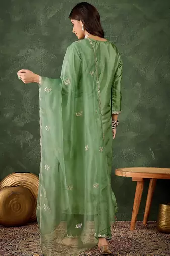 green fancy silk blend kurta set