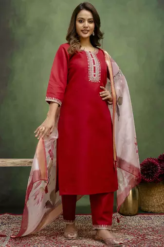 maroon fancy blended cotton kurta set