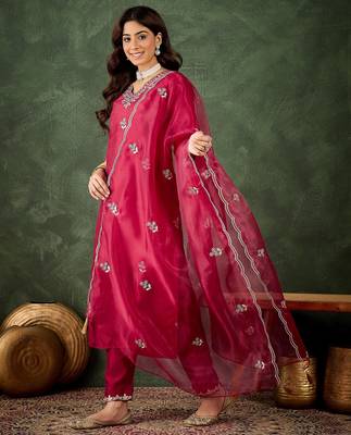 cherry-red fancy silk blend kurta set 2