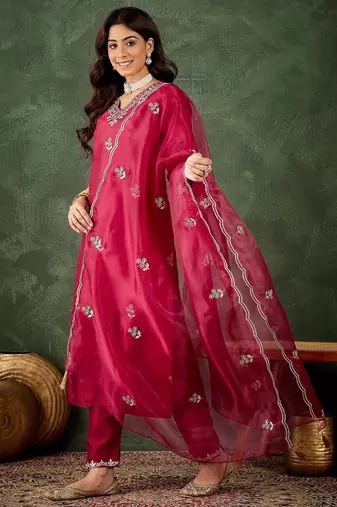 cherry-red fancy silk blend kurta set