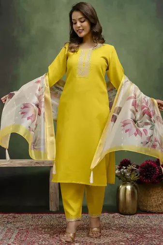 yellow fancy blended cotton kurta set
