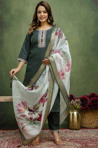 green fancy blended cotton kurta set