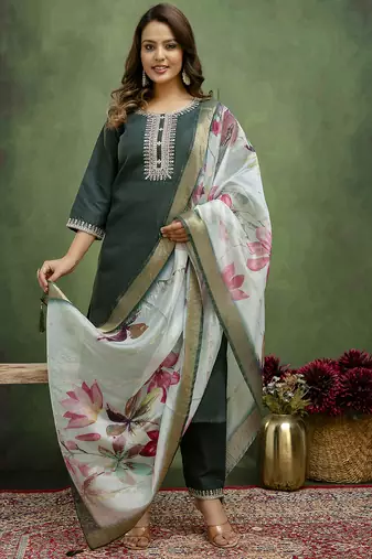 green fancy blended cotton kurta set