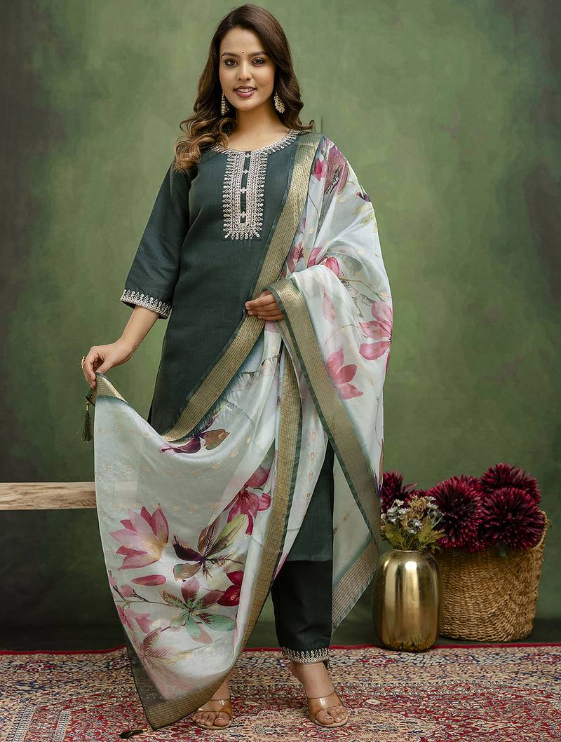 green fancy blended cotton kurta set