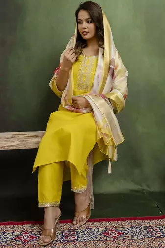 yellow fancy blended cotton kurta set