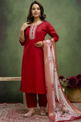 maroon fancy blended cotton kurta set