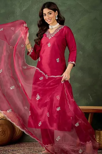 cherry-red fancy silk blend kurta set