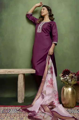 purple fancy blended cotton kurta set