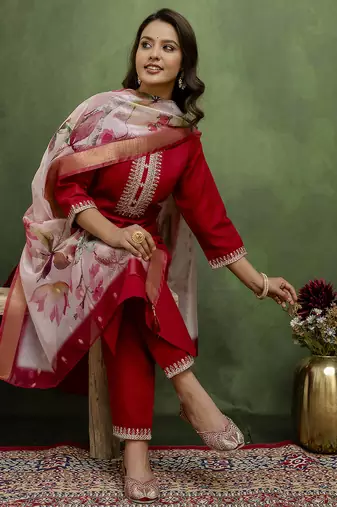 maroon fancy blended cotton kurta set