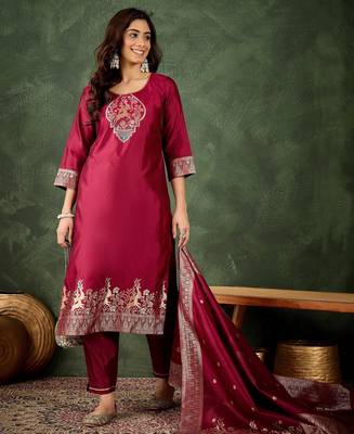 scarlet-red fancy silk blend kurta set 1