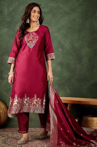 scarlet-red fancy silk blend kurta set