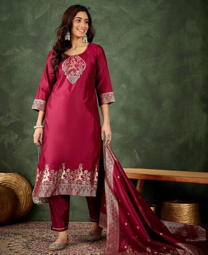 scarlet-red fancy silk blend kurta set