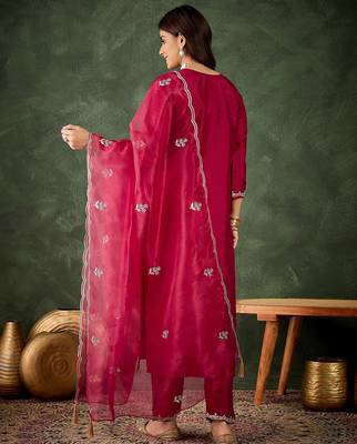 cherry-red fancy silk blend kurta set 4