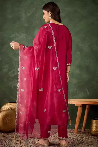 cherry-red fancy silk blend kurta set