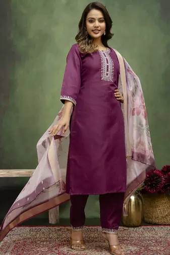 purple fancy blended cotton kurta set