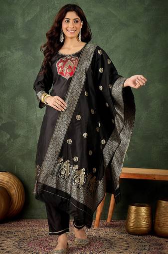 black fancy silk blend kurta set